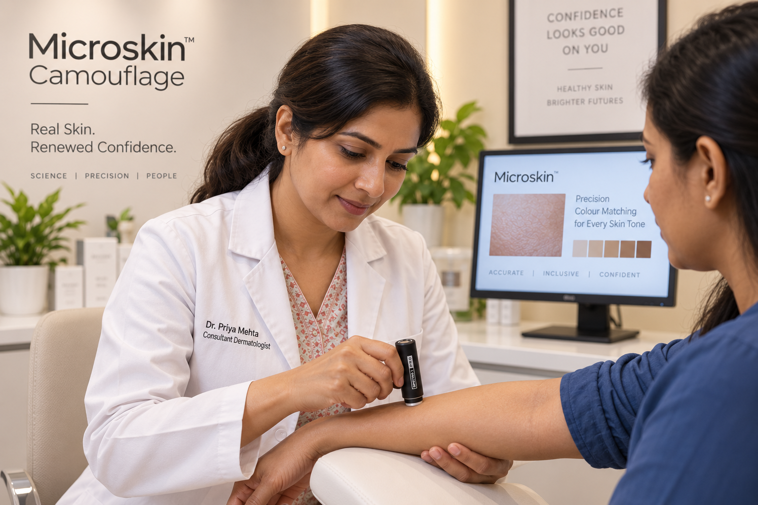 Microskin practitioner conducting a precision colour-match consultation with a client